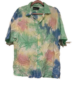 All Saints sz XL linen blend tie dye button down short sleeve collared shirt3316